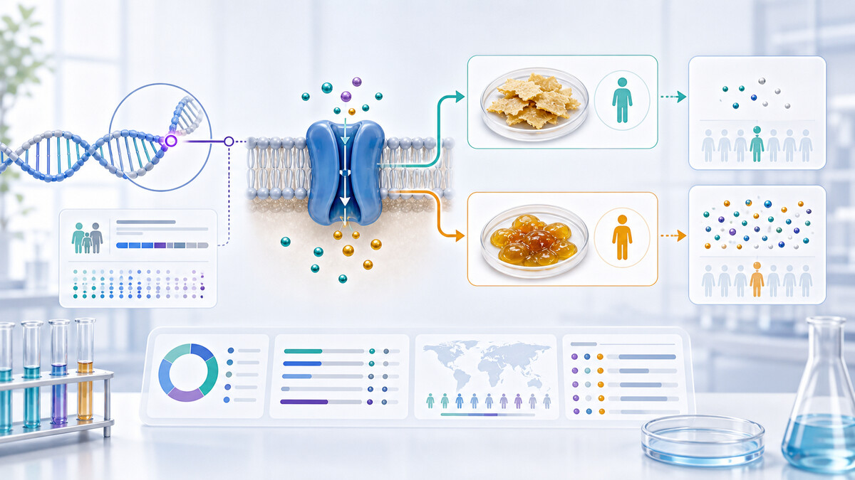 Clinical illustration connecting an ABCC11 DNA variant with earwax texture and underarm odor precursor patterns.