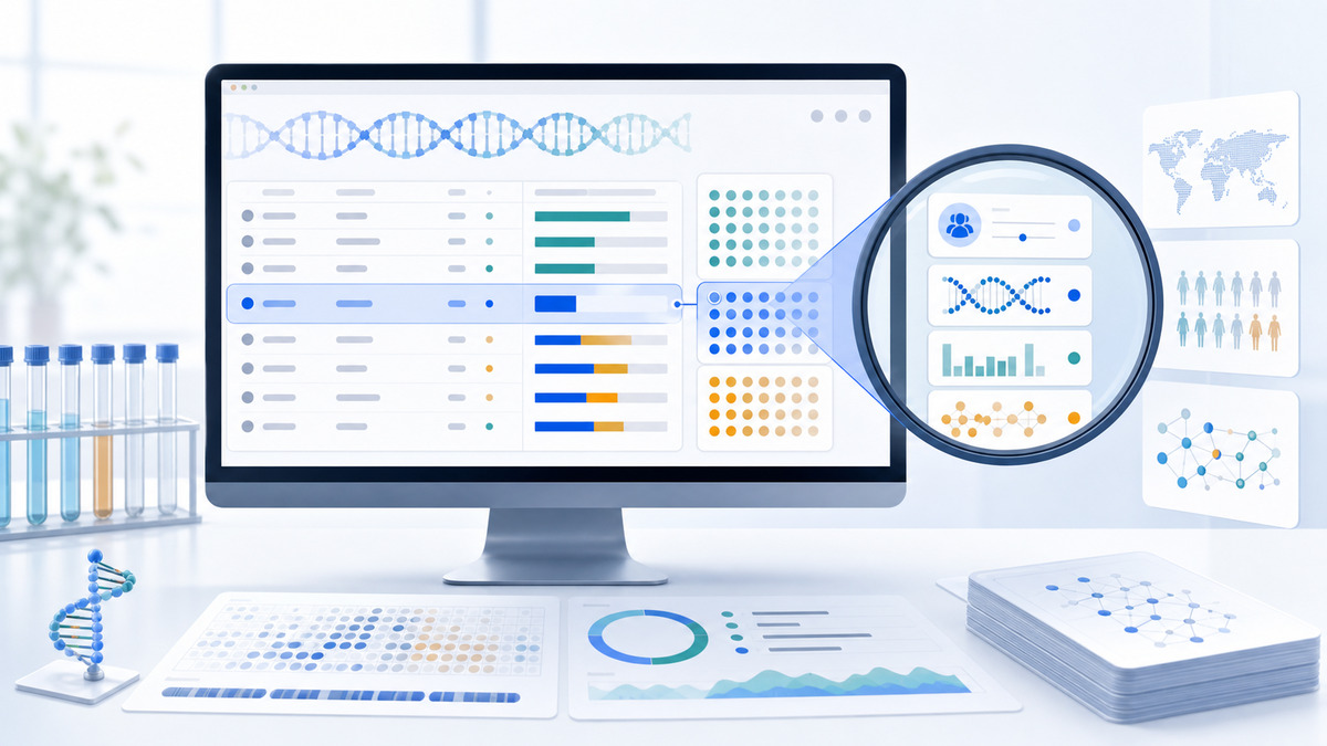 Abstract variant review workspace with allele frequency bars, population dots, and evidence cards.