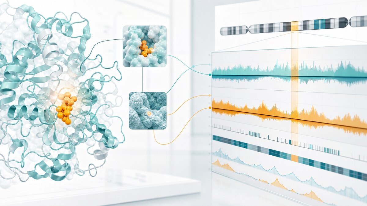 Protein structure evidence view connected to abstract genomic score tracks.