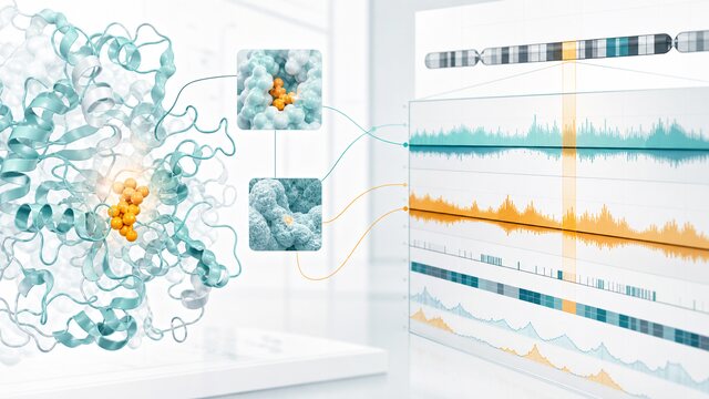 Protein structure evidence view connected to abstract genomic score tracks.