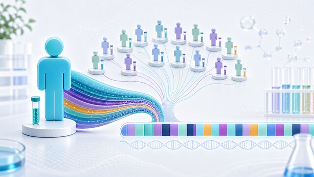 One large anonymous donor icon and many smaller anonymous donor icons contributing DNA streams to a mosaic reference genome.