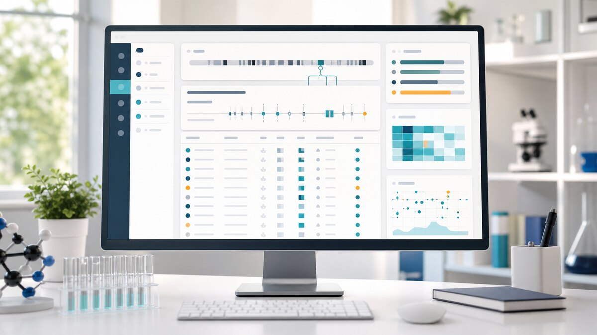 Abstract Gene Inspector dashboard with gene context, variant rows, score blocks, and review markers.