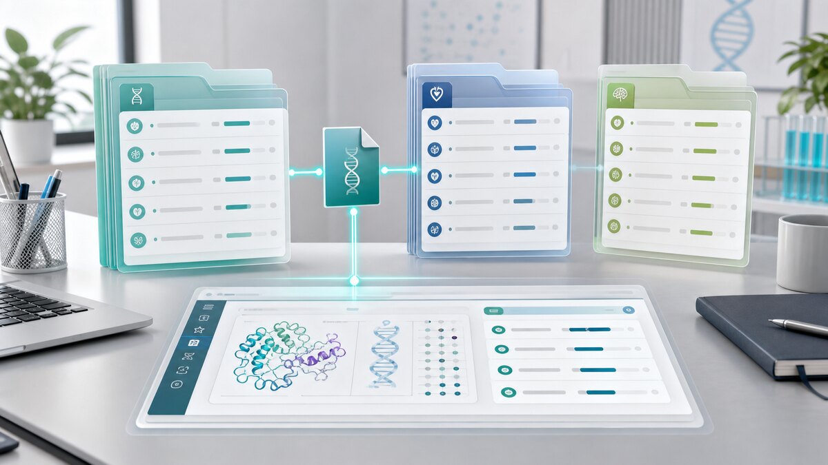 Organized abstract gene panel cards connected to a genome review workspace.