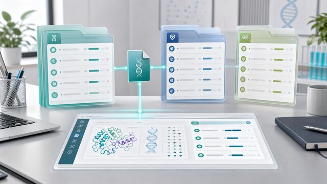 Organized abstract gene panel cards connected to a genome review workspace.