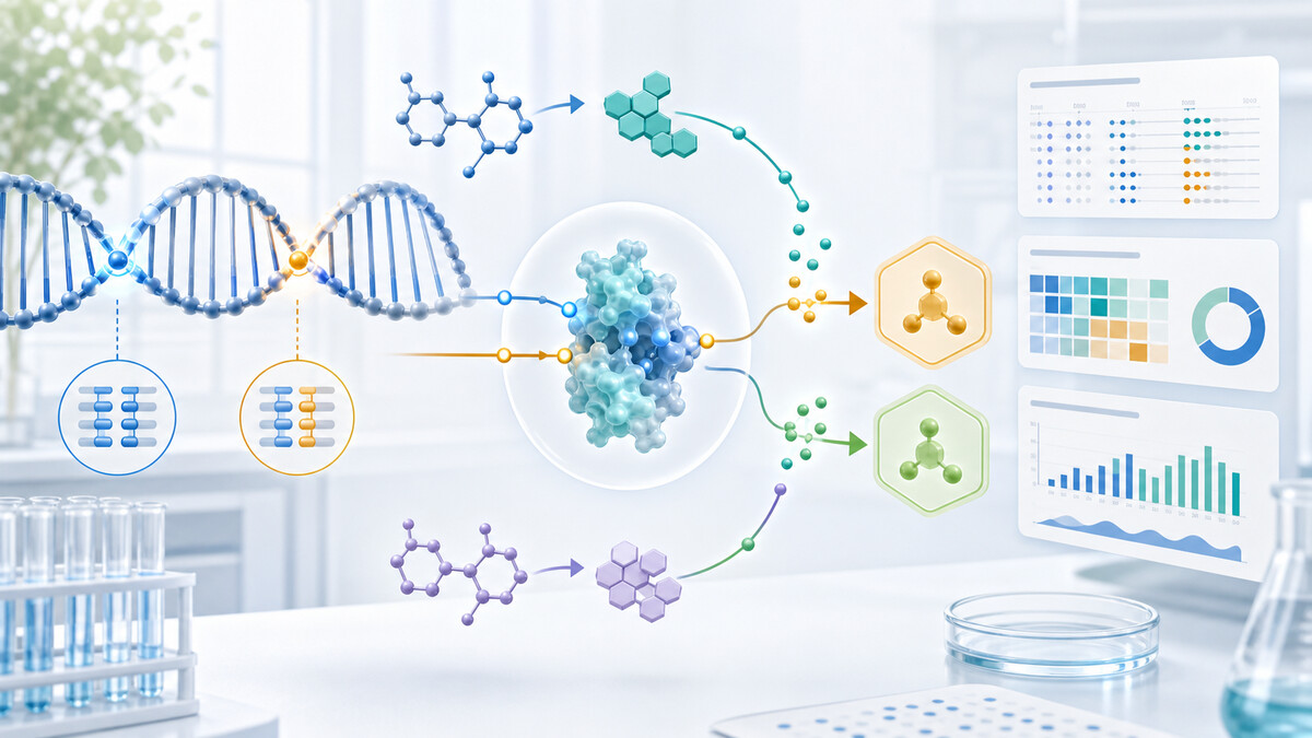 Illustration of MTHFR variant review with DNA markers, folate pathway elements, lab context, and evidence cards.