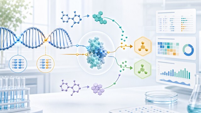 Illustration of MTHFR variant review with DNA markers, folate pathway elements, lab context, and evidence cards.
