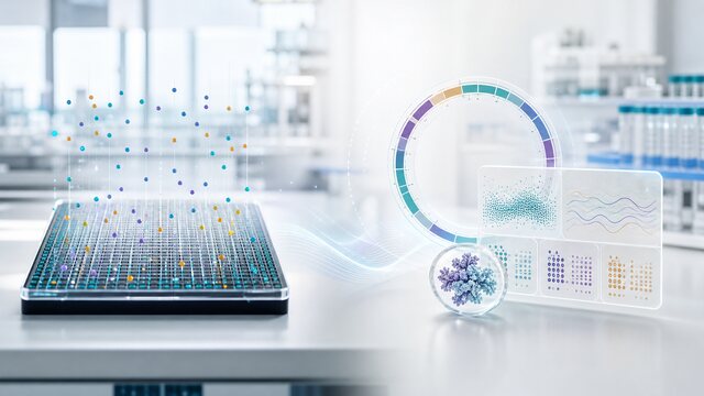 SNP array tray beside an abstract circular mitochondrial DNA panel in a bright lab setting.