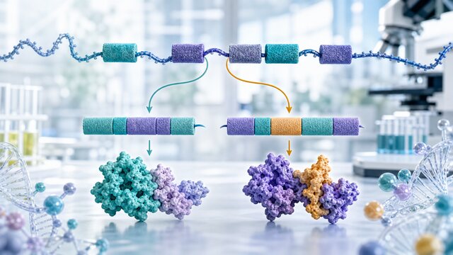 RNA exon blocks joined in alternate paths that produce different protein shapes.