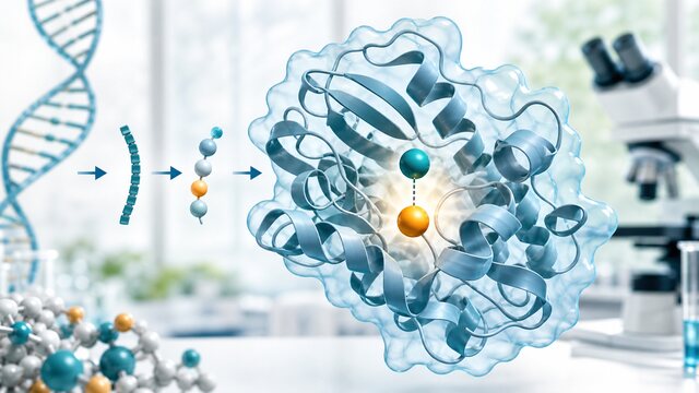Protein structure with one highlighted amino acid substitution in a bright molecular workspace.