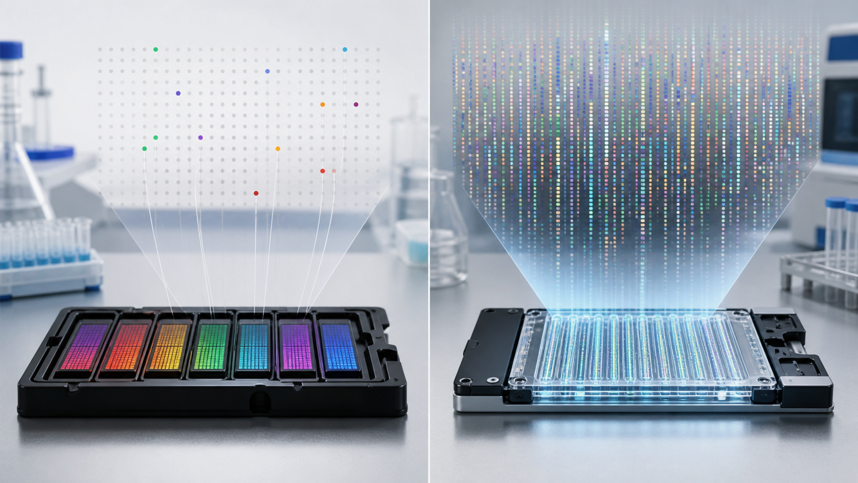 Comparison image showing a SNP array chip tray sampling about 700 thousand fixed positions beside a WGS sequencing flow cell reading about 3 billion bases.