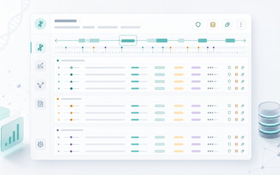 Generated product illustration of a gene view with many annotated variant rows