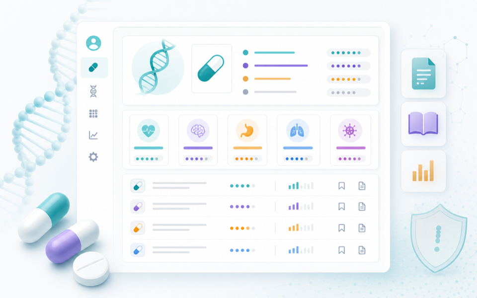 Generated product illustration of DNA and medication evidence cards