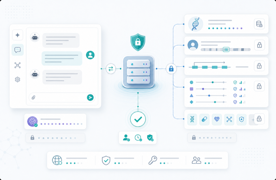 Generated product illustration of an AI assistant connecting to Gene Inspector through a secure MCP server